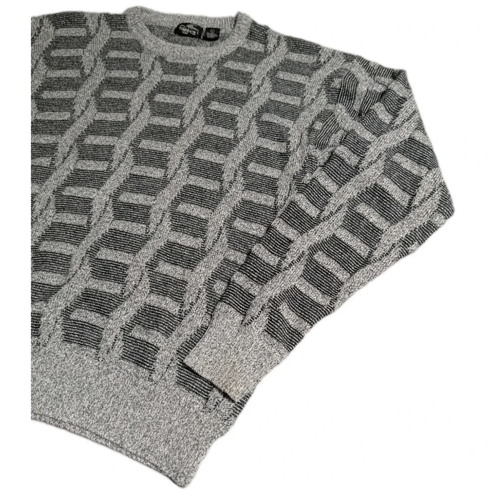 Kenny Rogers Sweater Mens L Gray Cable Knit Geometric Crewneck Pullover Textured